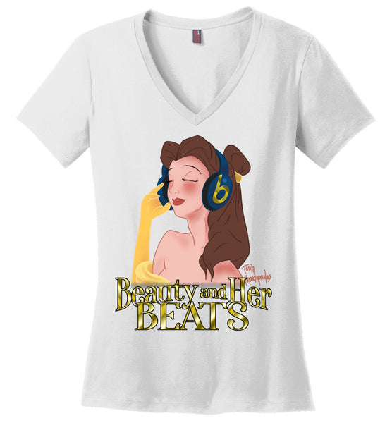 Beauty and Her Beats - District Made Ladies Perfect Weight V-Neck