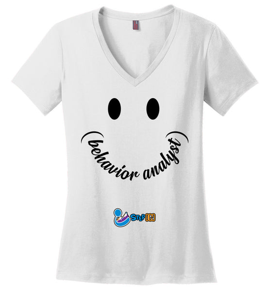 Step In Autism - Smiley Behavior Analyst - District Made Ladies Perfect Weight V-Neck