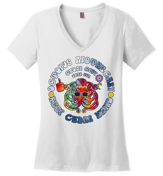 Octopus Apothecary - Tie-Dyed Sky Blue on White 2 - District Made Ladies Perfect Weight V-Neck